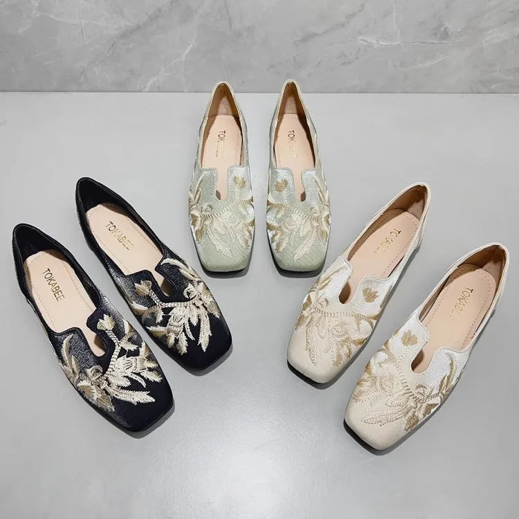Women's Embroidery Square Toe Slip-On Loafers & Flat Shoes Embroidery Flat Loafers Axl
