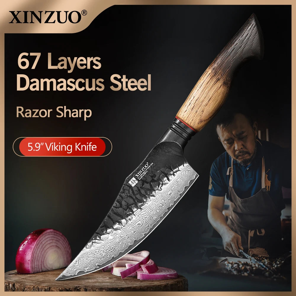 XINZUO Damascus Viking Knife 5.87" – 67-Layer Steel, Oak Handle Damascus Kitchen Knife Axl China Mainland 5 inch