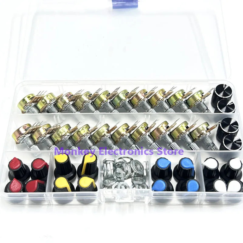 40PCS WH148 Rotary Potentiometer Kit B5K-B100K + 20 Knobs Potentiometer Kit Axl