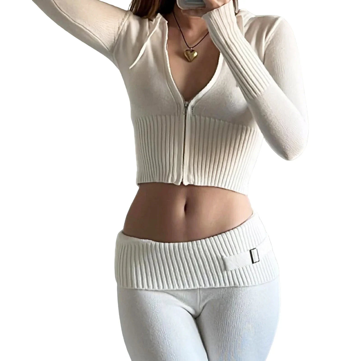 Women's Ribbed Knit Tracksuit – Hooded Crop Top & Flare Pants Women's Tracksuit Set Axl WHITE S