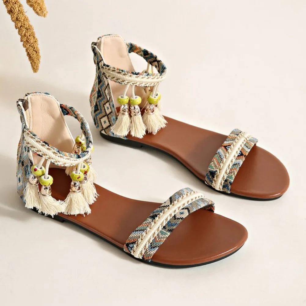 Bohemian Tassel Women's Flat Sandals – Gladiator Zip Shoes Women's Flat Sandals Axl 39 01