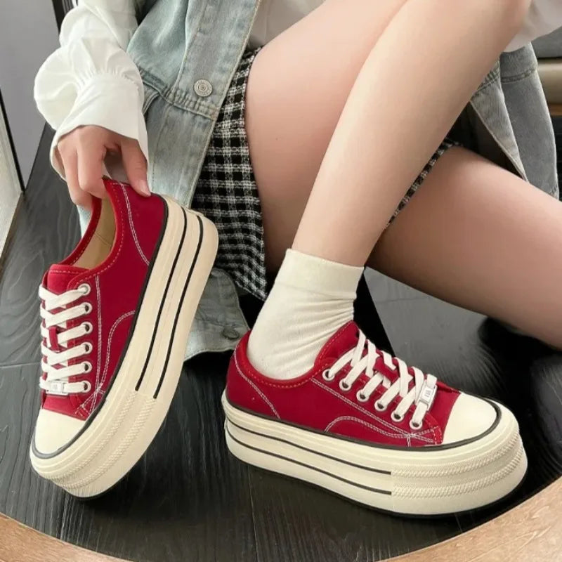 Women's Platform Canvas Sneakers – Casual Lace-Up Flats Canvas Flat Sneakers Axl