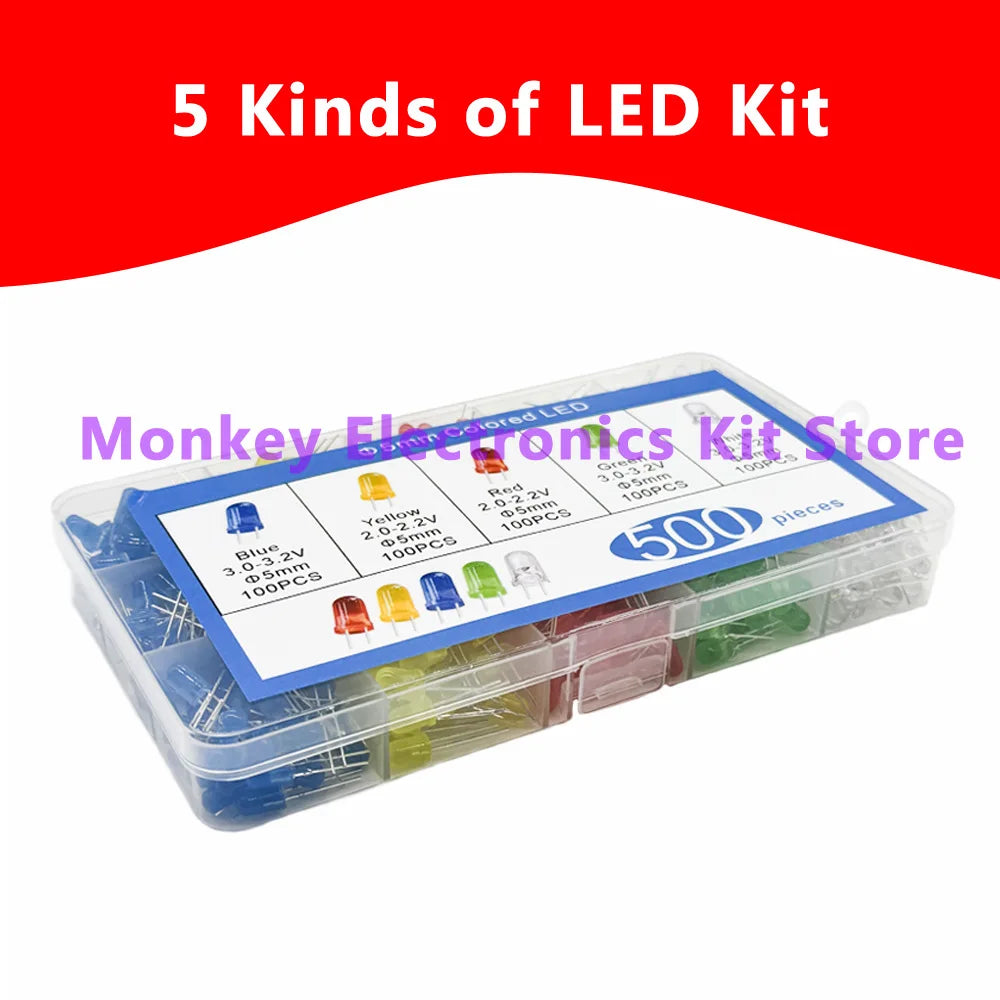 500 PCS 5mm LED Assortment Kit – 5 Colors Red Yellow Blue White LED Component Kit Axl