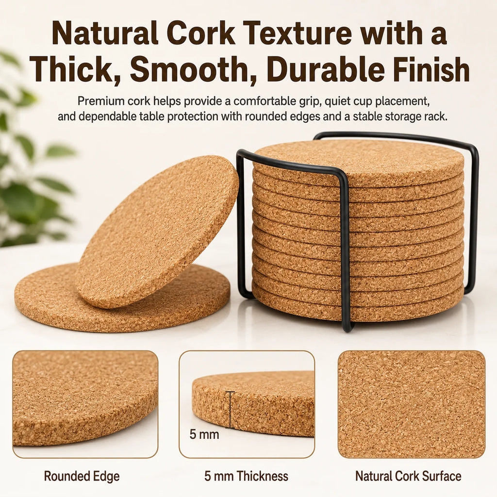 16-Pack Natural Cork Coasters with Holder – Heat Resistant Cork Coaster Set Axl