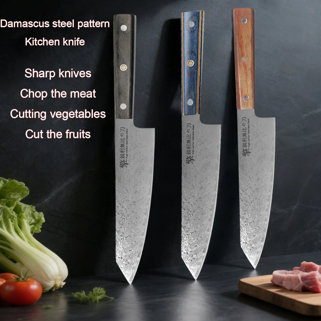 Damascus Pattern Japanese Chef Knife – Sharp Carbon Steel Wood Handle Chef Knife Axl