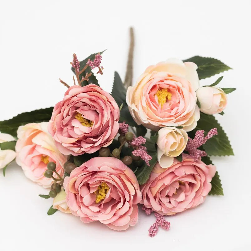 Silk Artificial Roses & Peony Bouquet – Wedding & Home Decor Artificial Flower Bouquet Axl (Pink) 1pc