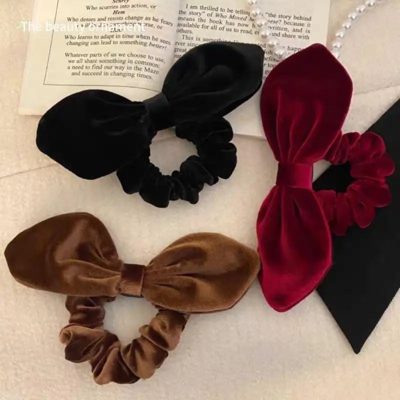 Vintage Black Velvet Bow Hair Scrunchie – Elegant Ponytail Tie Velvet Hair Scrunchie Axl