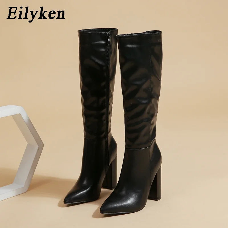 Women's Knee-High Boots | Chunky Heel Pointed Toe Zipper Booties Knee-High Boots Axl Black 42