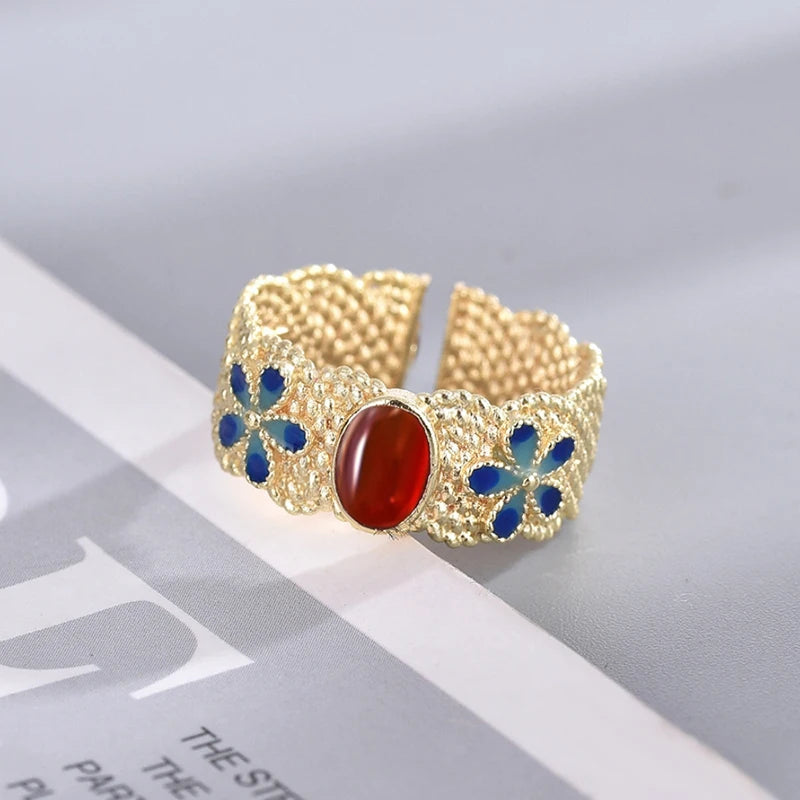 Huitan Gold Blue Flower Ring Red Stone – Women's Fashion Ring Fashion Ring Axl
