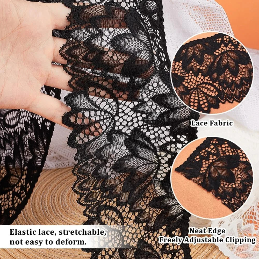 10 Yards Stretch Embroidery Lace Ribbon Trim – 4" Wide, Black & White Lace Ribbon Trim Axl