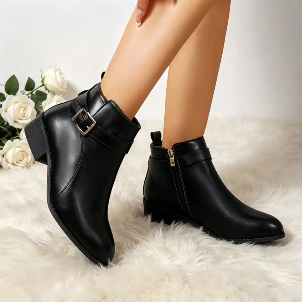 Women's PU Leather Ankle Boots | Side Zipper Square Heel Women's Ankle Boots Axl