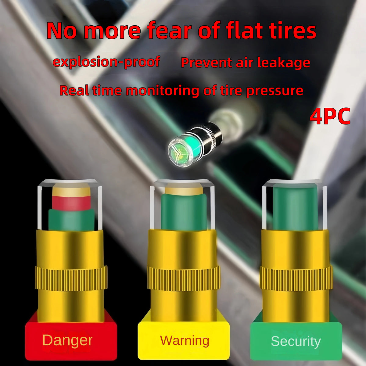 Tire Pressure Indicator Valve Caps 4-Pack | Visual Alert Tire Pressure Caps Axl