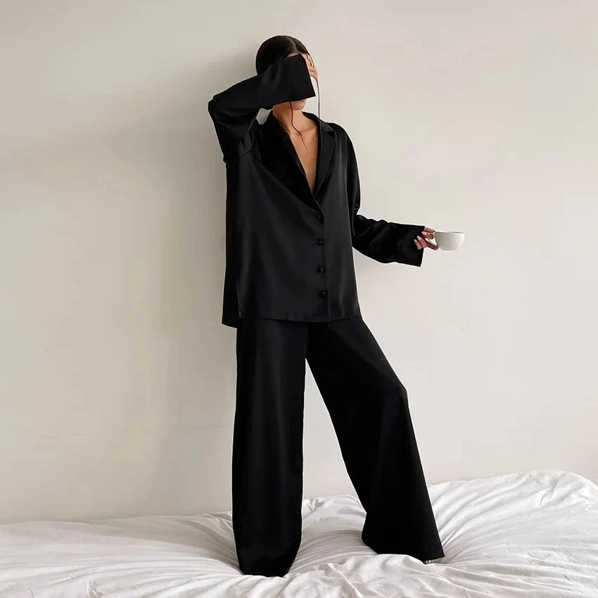 Women's Satin Pajama Set – Long Sleeve & Trouser 2-Piece Pajama Set Axl black XL