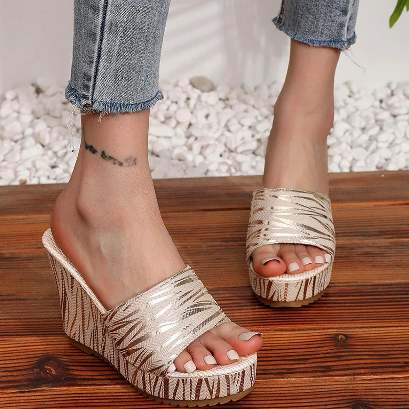 Women's Stripe Wedge Platform Slides | Chunky High Heel Slippers Wedge Platform Slides Axl