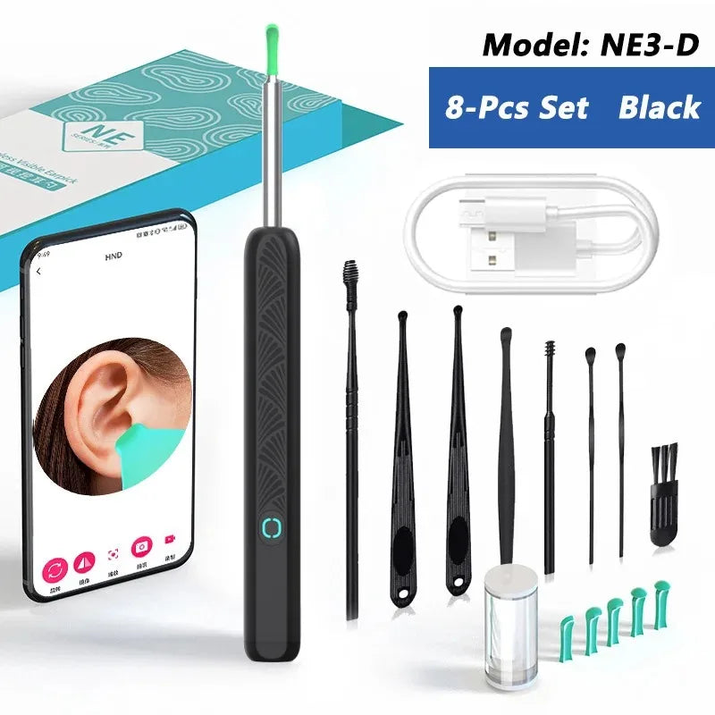 Visual Ear Wax Cleaner with HD Camera & LED Light Ear Cleaning Tool Axl 8Pcs Set Black