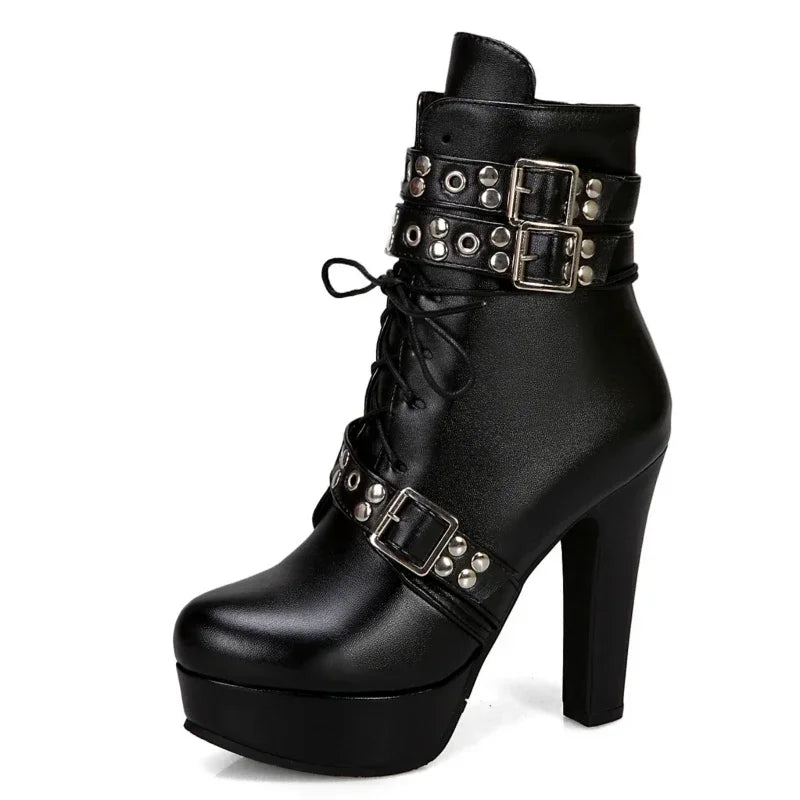 Women's Platform Ankle Boots – Square High Heel Zip Buckle Platform Ankle Boots Axl black 37
