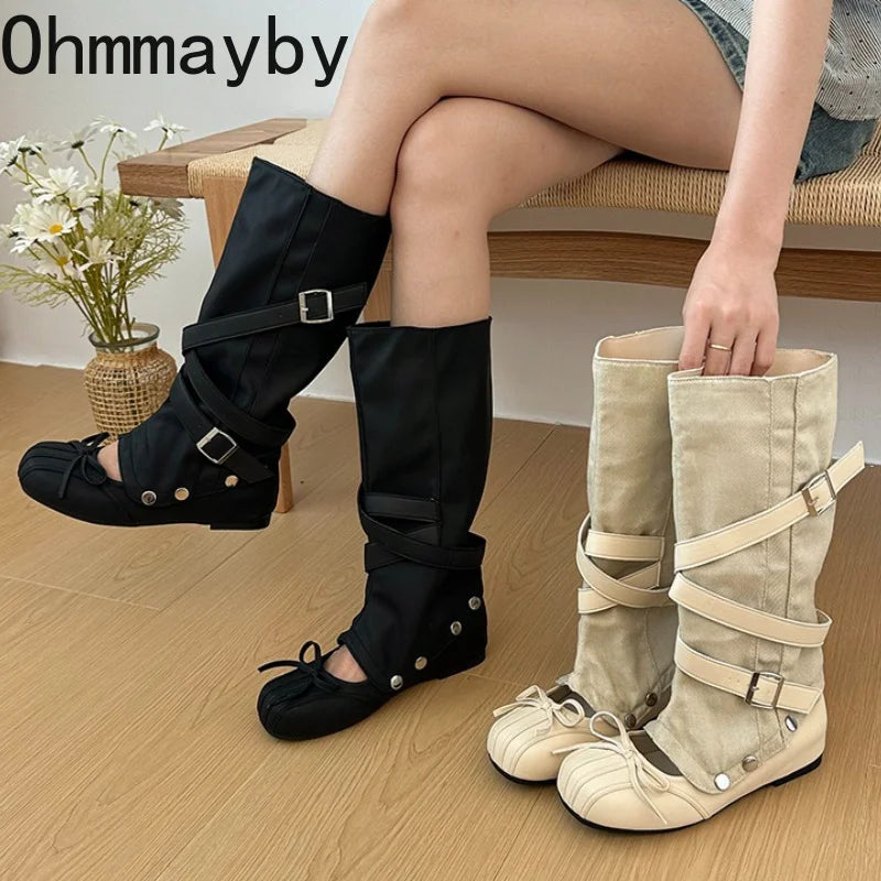 Y2K Knee-High Flat Boots – Double Buckle Bow Slip-On Booties Knee-High Flat Boots Axl