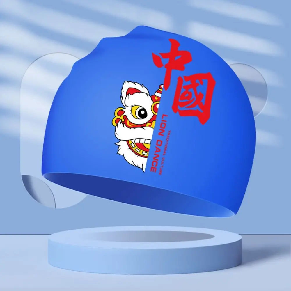 Lion Dance Waterproof Silicone Swimming Cap – Adult Long Hair Swim Cap Axl blue