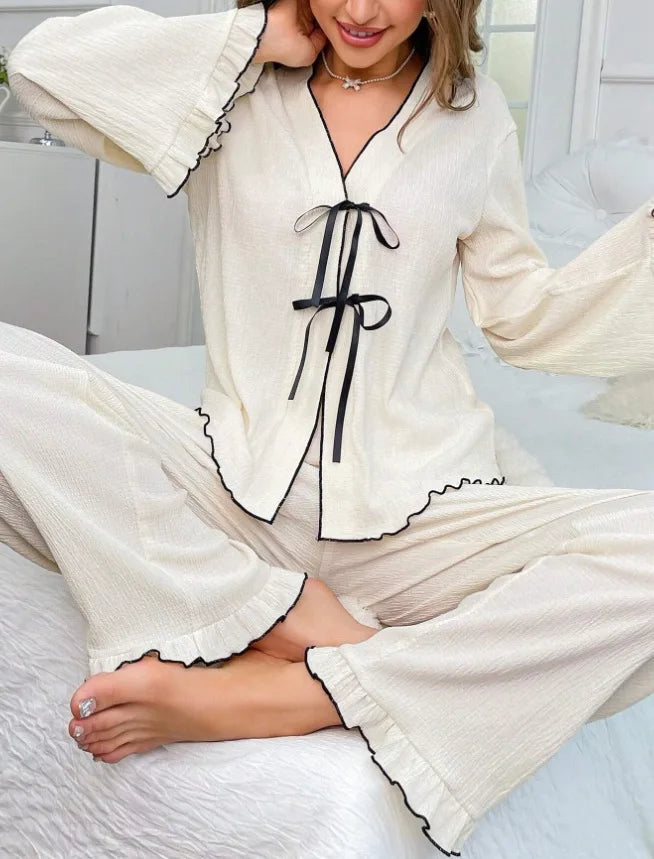 Women's V-Neck Pajama Set – Long Sleeve & Pants Loungewear Women's Pajama Set Axl white M
