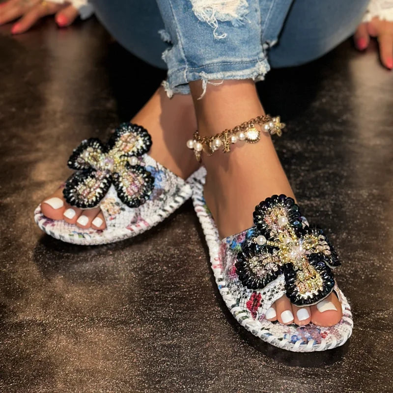 UXST Women Platform Slippers – Pearl Flower Printed Leather Platform Slippers Axl