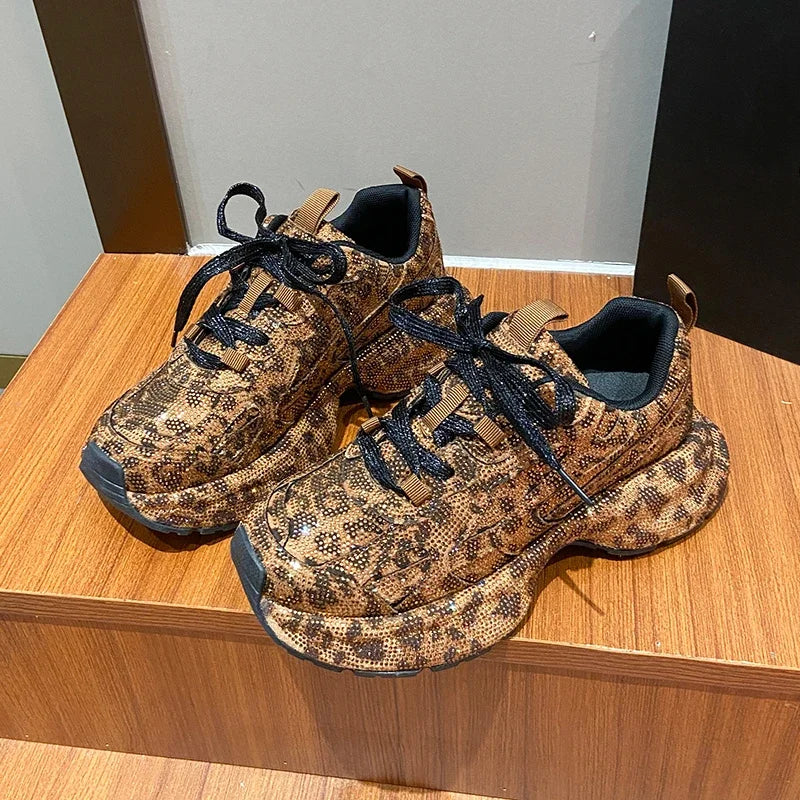 YEAE Women's Diamond Leopard Thick-Sole Sneakers | Lace-Up Fashion Sneakers Axl leopard print 35