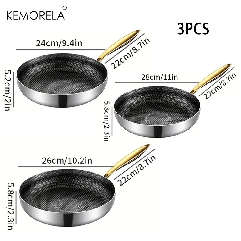 KEMORELA 3-Piece 316 Stainless Steel Honeycomb Frying Pan Set Frying Pan Set Axl 24cm 26cm 28cm