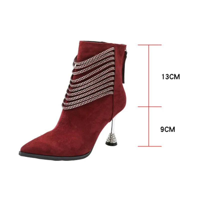 Women's Rhinestone Chain Ankle Boots – Pointed Toe High Heels Ankle Boots Axl