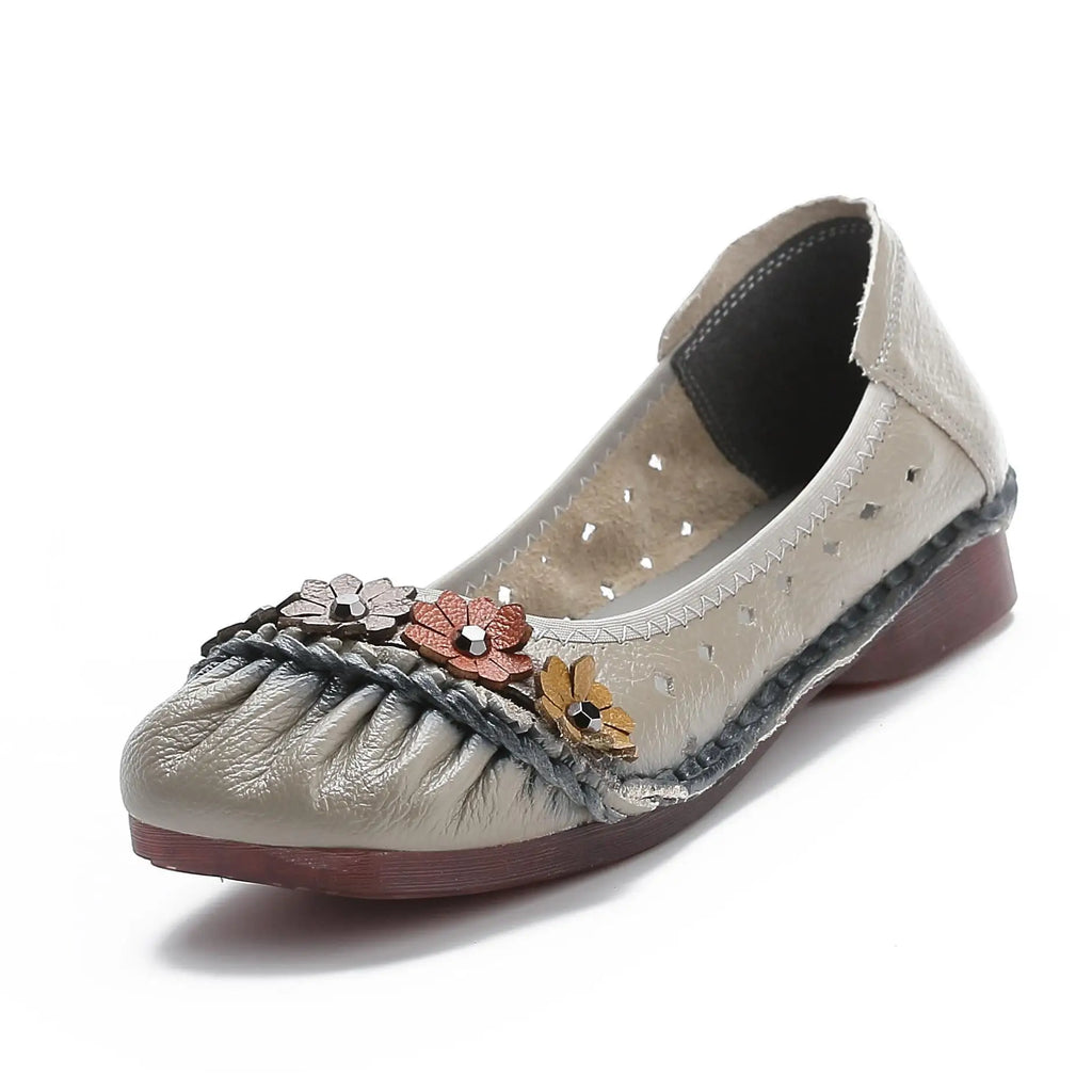 Women's Genuine Leather Floral Loafers | Wide Fit Flat Moccasins Leather Flat Loafers Axl Grey 7.5 CN