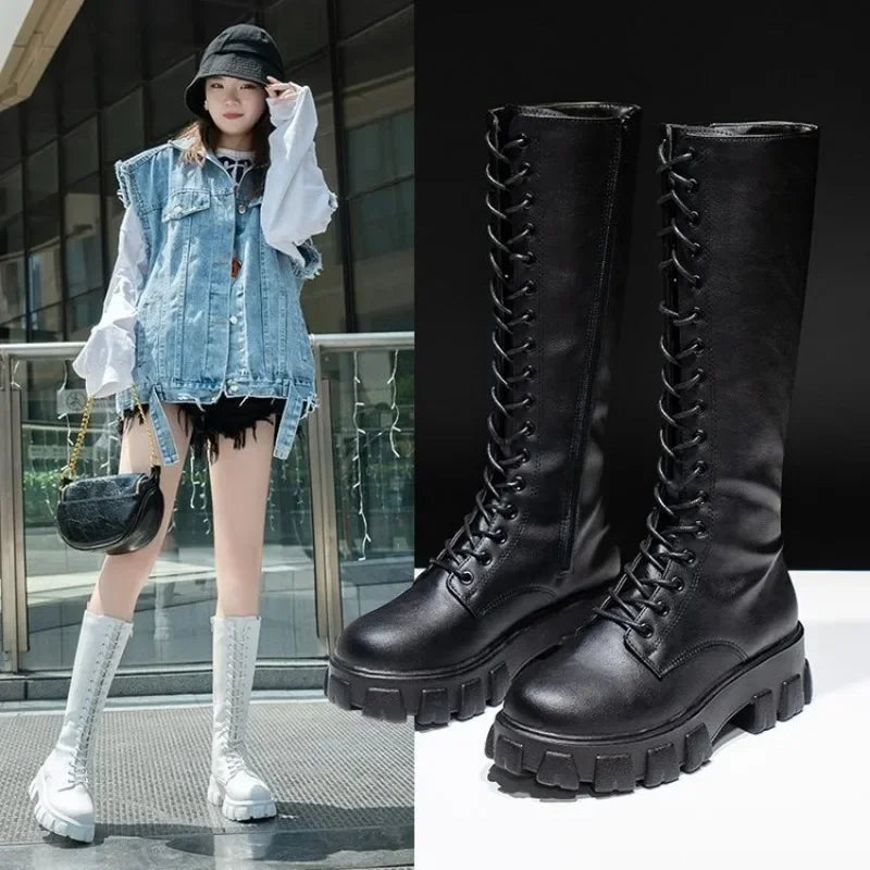 Women's Platform Mid-Calf Boots – Punk Lace-Up Winter Boots Platform Mid-Calf Boots Axl