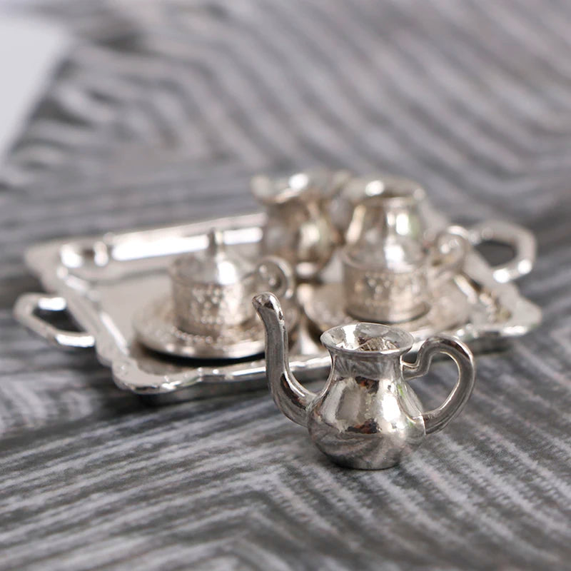 10pc 1/12 Dollhouse Miniature Silver Metal Tea Coffee Set Dollhouse Miniature Set Axl