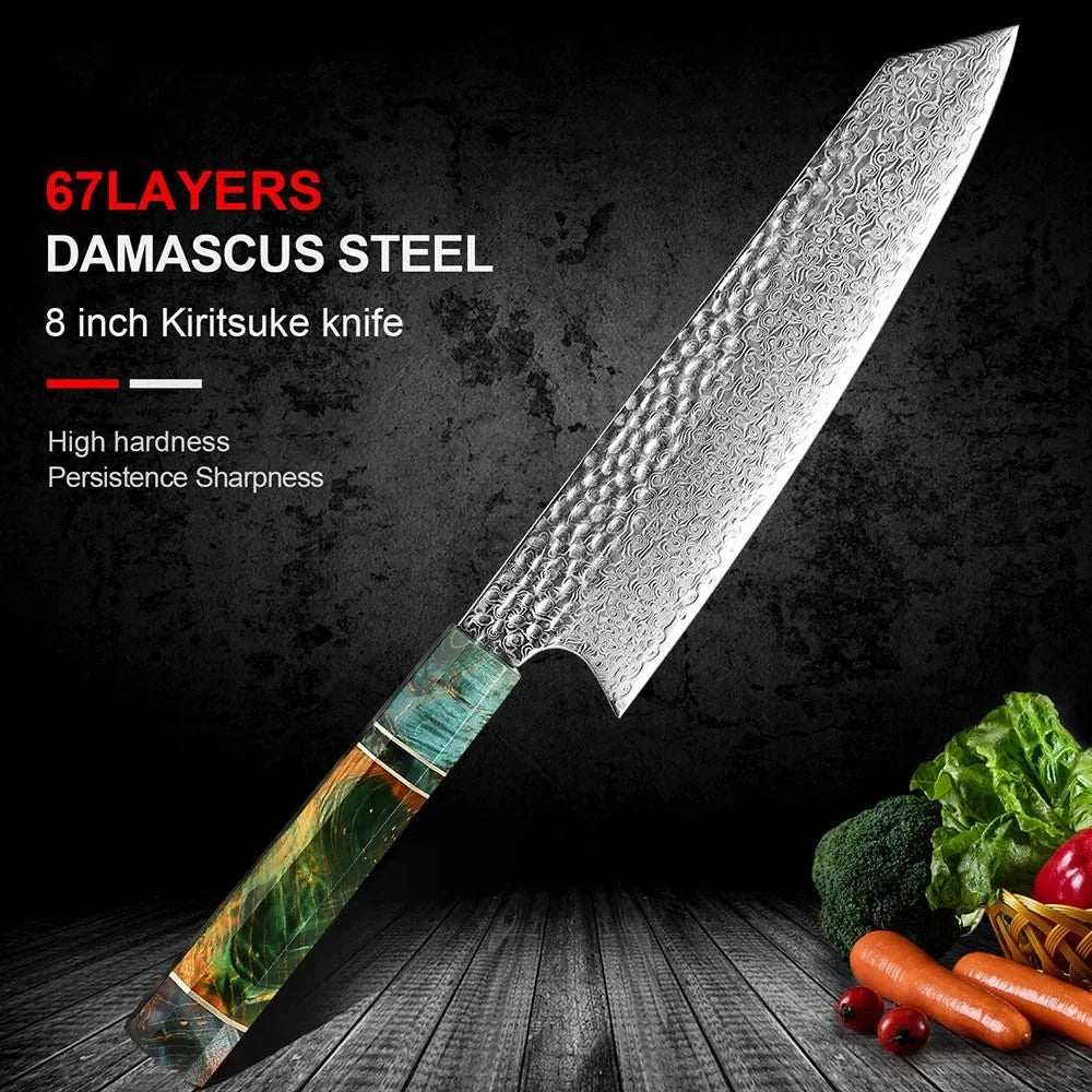 8-Inch Damascus Nakiri Chef Knife – 67-Layer VG10 Steel Damascus Kitchen Knife Axl