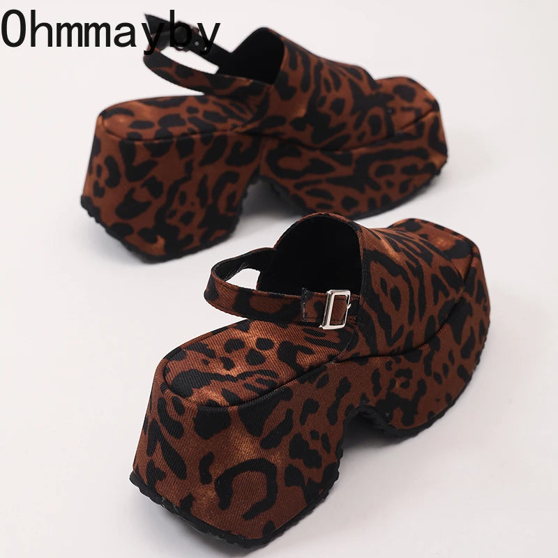 Women's Leopard Platform Wedge Sandals Open Toe Buckle Heels Platform Wedge Sandals Axl