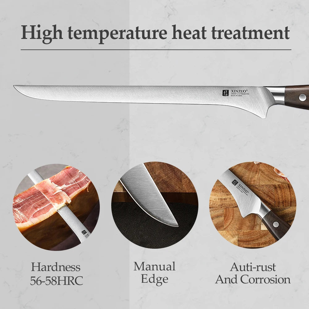 XINZUO 10" Ham Slicing Knife – German 1.4116 Steel Sandalwood Ham Slicing Knife Axl