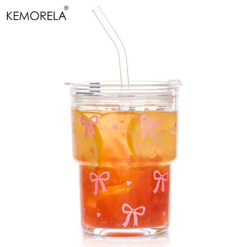 KEMORELA 380ml Pink Bow Glass Cup with Lid & Glass Straw Glass Cup Set Axl 1PCS 380ML