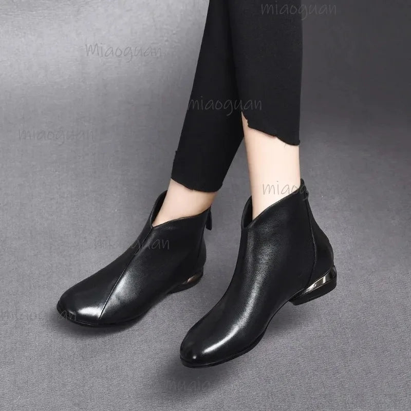 Women's PU Leather Ankle Boots – Low Heel Zip Short Boots Women's Ankle Boots Axl