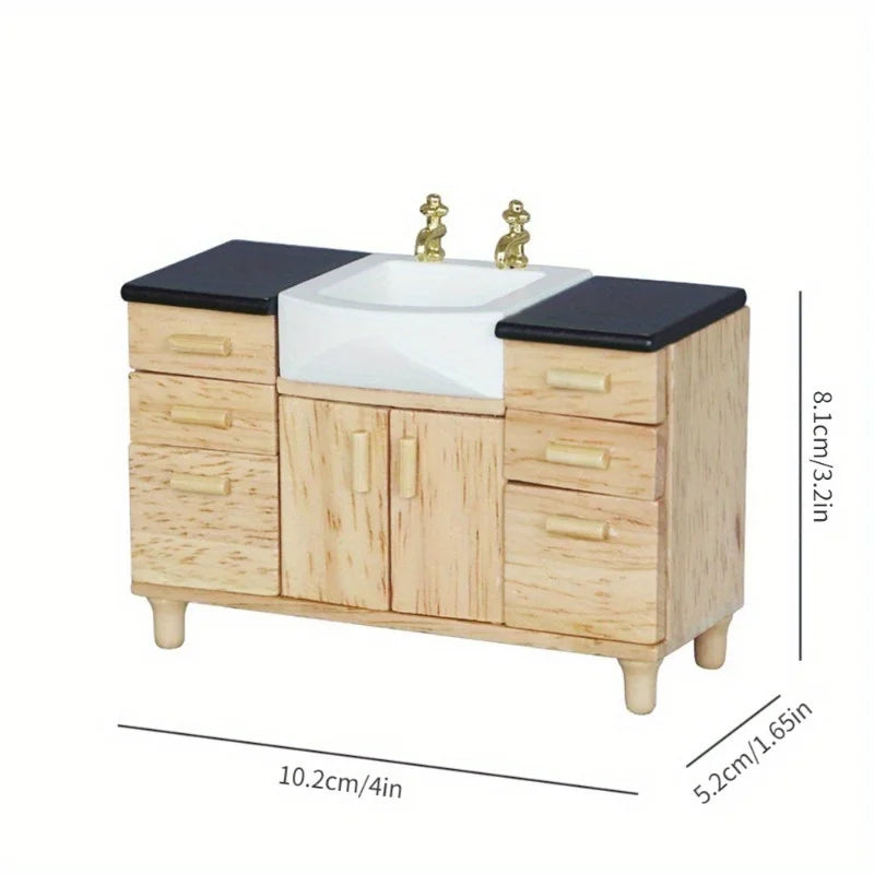 1/12 Dollhouse Wooden Wash Basin Cabinet & Ceramic Sink Dollhouse Miniature Axl Wash Basin Cabinet