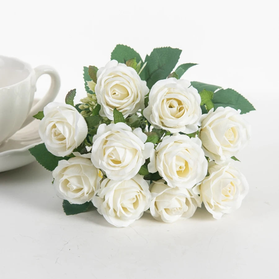 10-Head Silk White Rose Bundle – Wedding & Home Decor Artificial Flower Bundle Axl WHITE 1pc