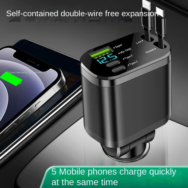 5-in-1 Car Charger with Retractable Cable | PD Fast Charge Car Phone Charger Axl