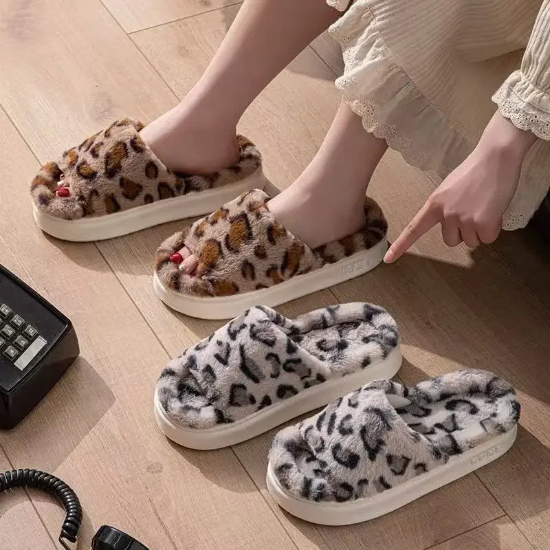 Leopard Plush Winter Slippers – Non-Slip Cozy House Shoes Plush Winter Slippers Axl