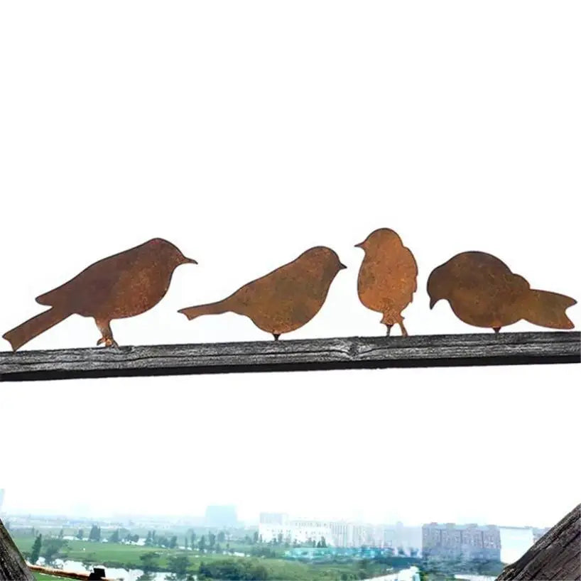 4-Piece Rusty Metal Bird Ornaments – Iron Garden Fence Decor Garden Metal Sculpture Axl