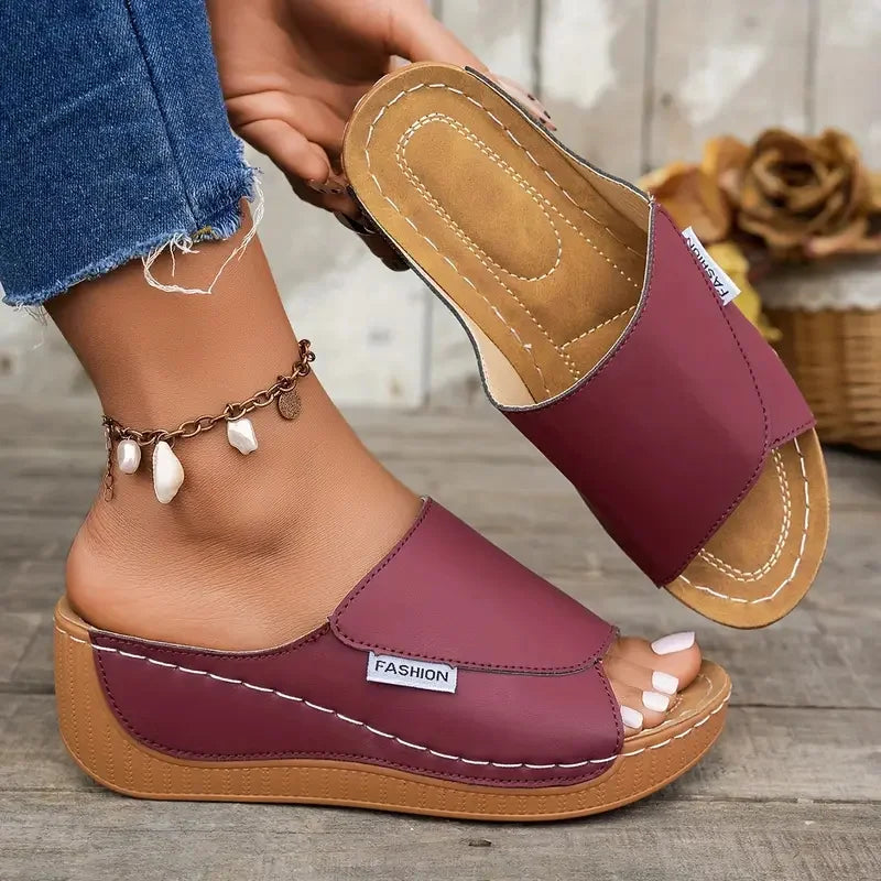 Women's Wedge Slippers – Open Toe Buckle Sandal Slides Wedge Sandal Slides Axl 36 wine red