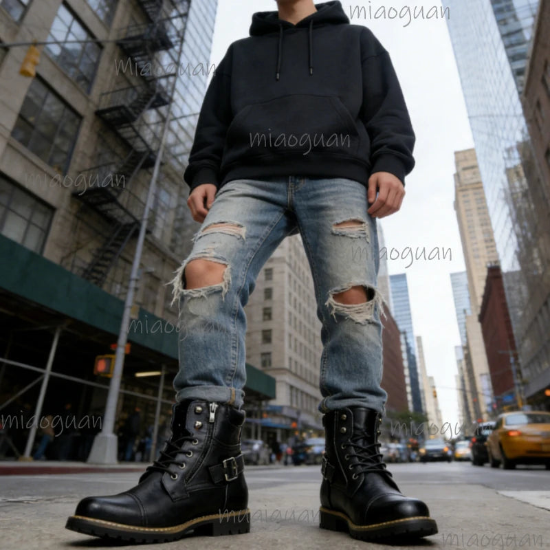 Men's Retro Leather Ankle Boots – Double Zipper Motorcycle Style Men's Ankle Boots Axl