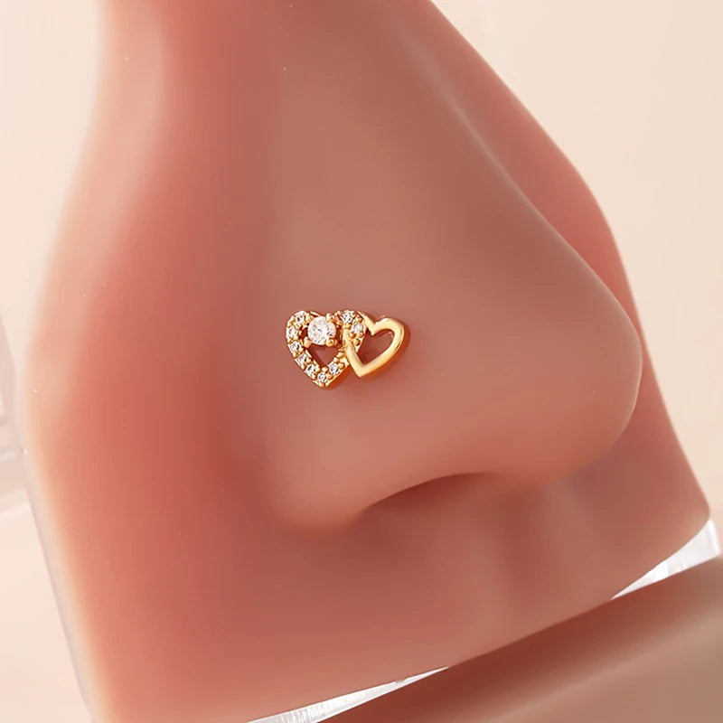 L-Shape Double Heart Nose Stud Ring – Zircon Stainless Steel Nose Stud Ring Axl