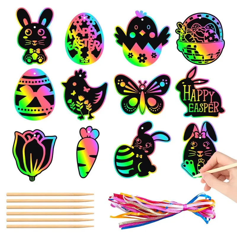 Scratch Paper Cards with Wooden Stylus & Ribbons – 24/48 Pc DIY Scratch Art Craft Kit Axl