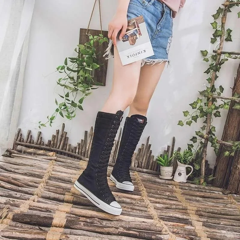 Women's High Top Canvas Knee-High Boots – Lace-Up Zipper Canvas Knee-High Boots Axl