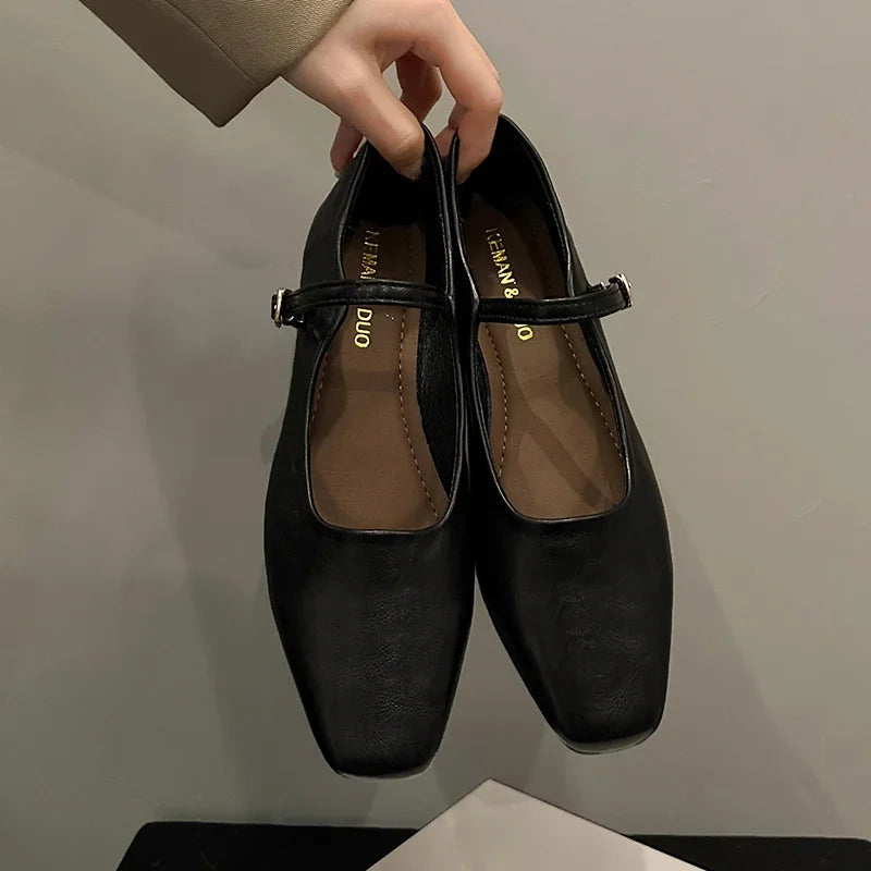 Mary Jane Low Heel Shoes – Retro Square Toe Buckle Flats Mary Jane Flats Axl