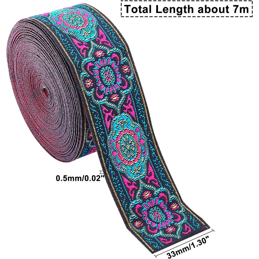 Ethnic Floral Embroidery Ribbon 33mm Magenta – 7m Polyester Embroidery Ribbon Axl