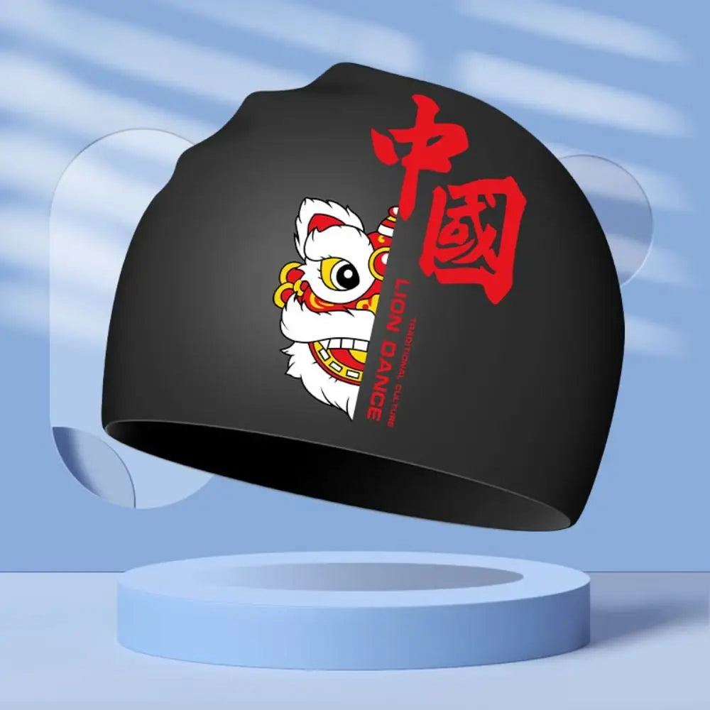Lion Dance Waterproof Silicone Swimming Cap – Adult Long Hair Swim Cap Axl black