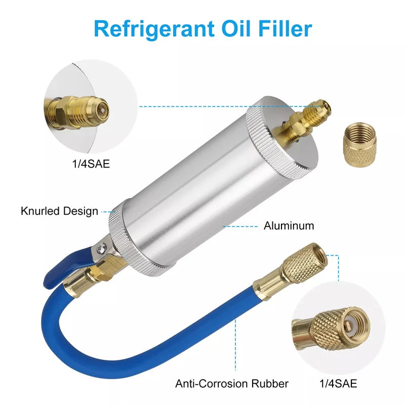 AC Oil & Dye Injector Kit – R134A R12, 2oz Brass, 1/4" SAE AC Dye Injector Tool Axl