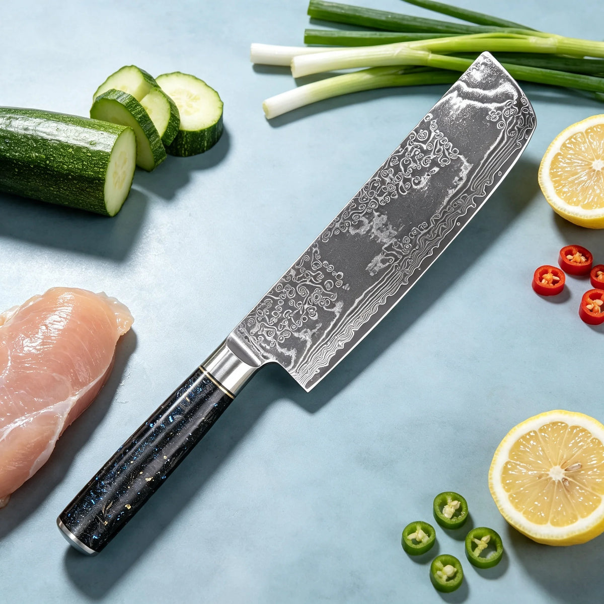 67-Layer Damascus Steel Nakiri Knife – Sharp Chef's Cleaver Damascus Kitchen Knife Axl
